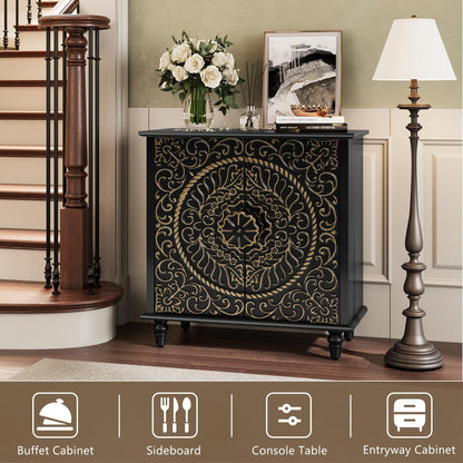 ARTPOWER Accent Cabinet with 2 Doors, Decorative Storage Cabinet with Carved Flower Pattern, Black Sideboard Buffet Cabinet, Wood Credenza with Storage for Entryway, Living Room, Kitchen, Din - WoodArtSupply