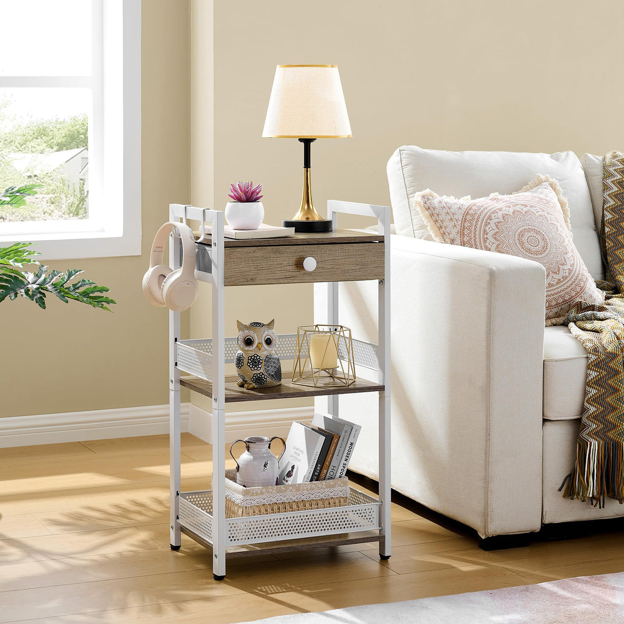 FAVOOSTY 3-Tier Bathroom Ladder Shelf Floor Storage Shelf with Drawer Freestanding Shelving Unit Bookcase End Table for Bathroom Living Room,Balcony-White FAVOOSTY