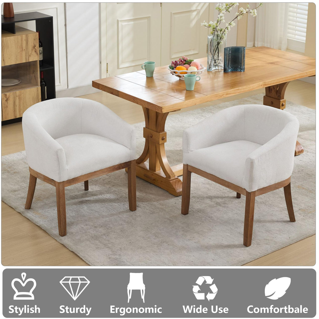 OIKIIWOO Upholstered Solid Wood Dining Chairs Set of 2,Neutral Linen Fabric Side Chair for Kitchen,Living Room,Farmhouse Round Barrel Chairs,Minimalist Accent Chairs Natural Wood Frame OIKIIWOO