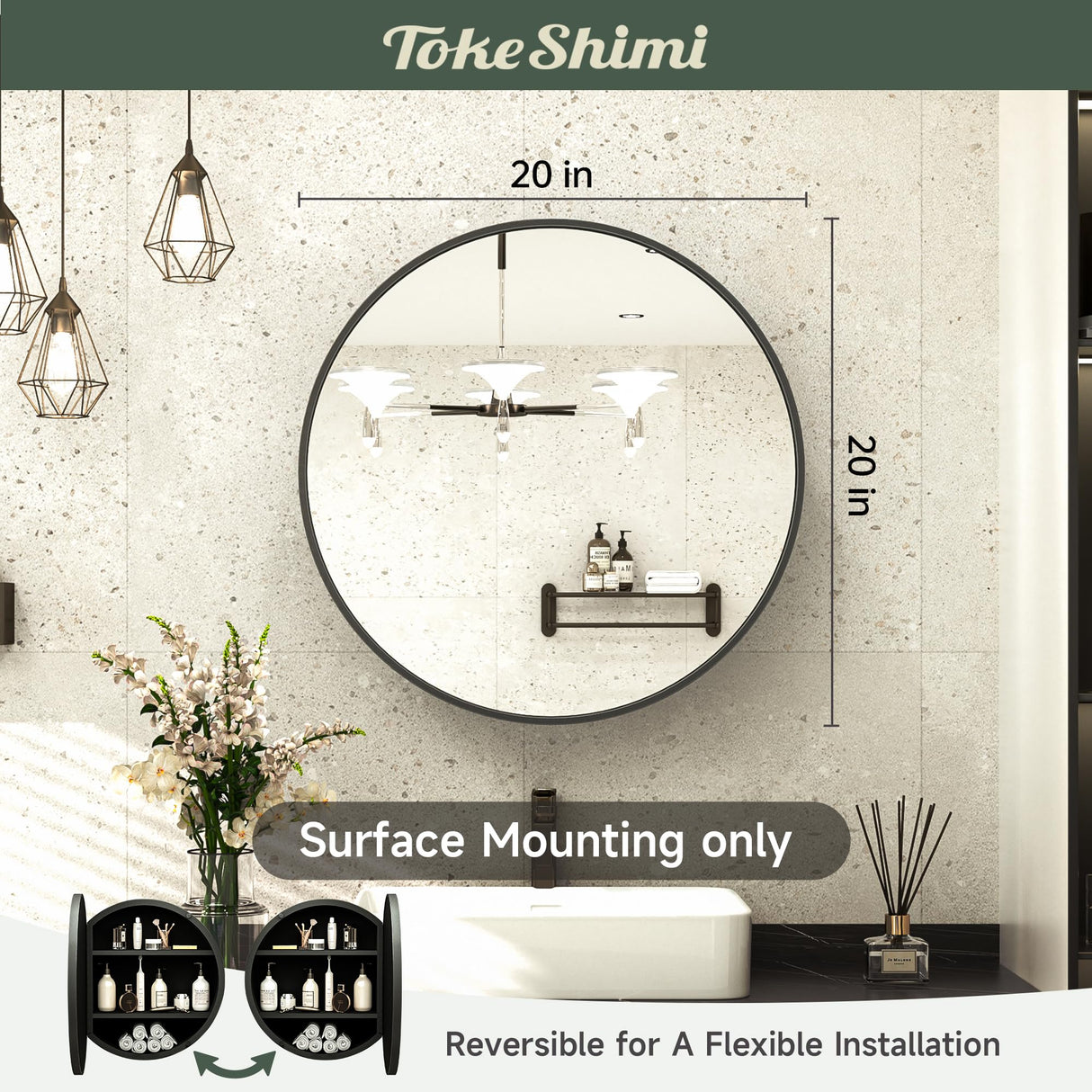 TokeShimi 20 Inch Round Black Medicine Cabinet for Bathroom with Vanity Mirror Small Metal Framed Bathroom Mirrored Cabinet for Wall Mounted Only Circle Farmhouse Medicine Cabinet Removable Shelves TokeShimi