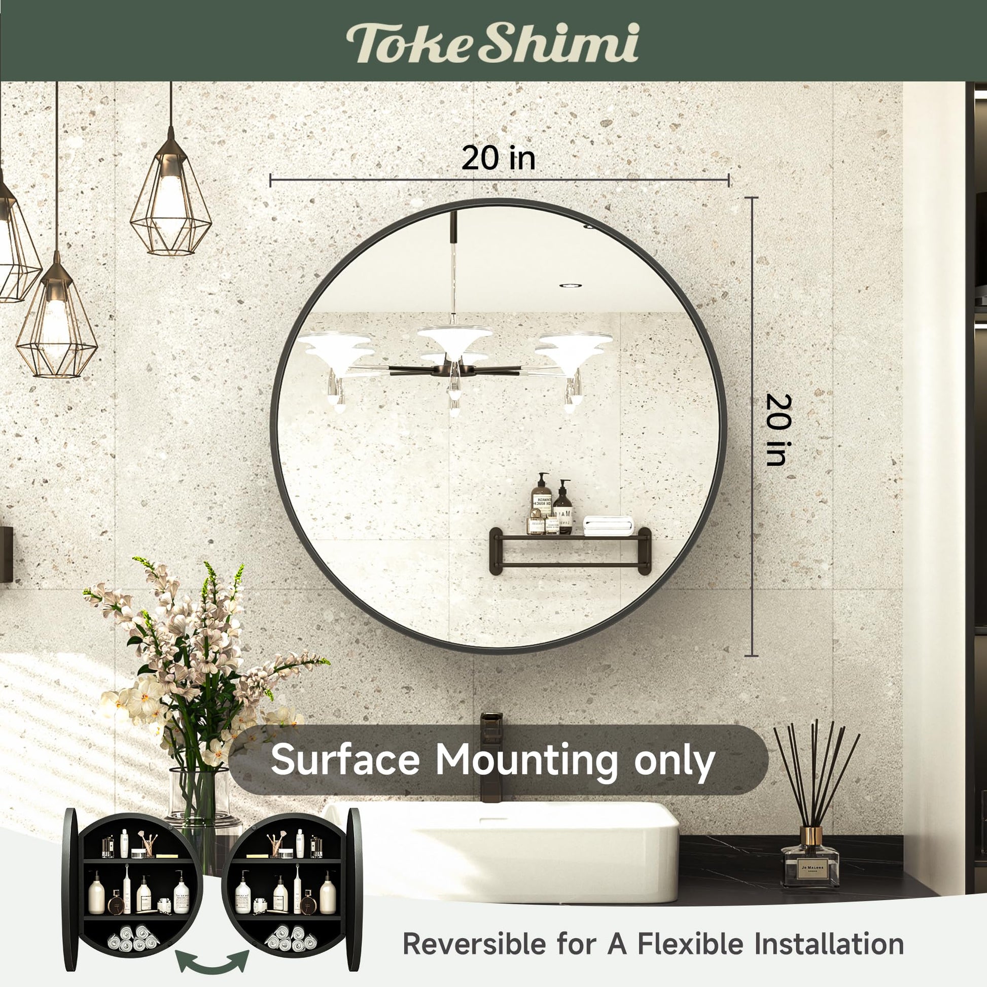 TokeShimi 20 Inch Round Black Medicine Cabinet for Bathroom with Vanity Mirror Small Metal Framed Bathroom Mirrored Cabinet for Wall Mounted Only Circle Farmhouse Medicine Cabinet Removable S - WoodArtSupply