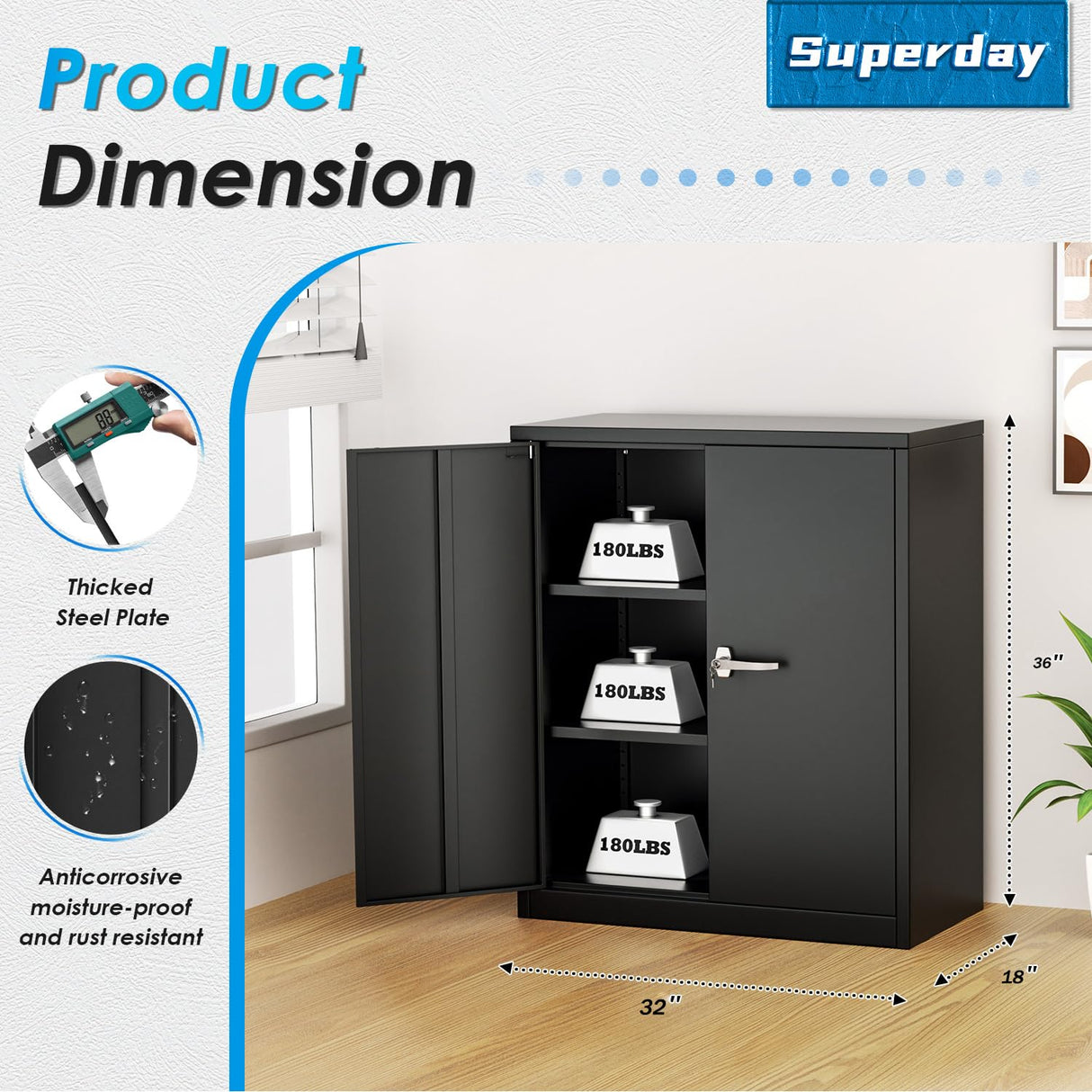 Superday 36" Locking Garage Storage Cabinet, Black Metal Storage Cabinet with Locking Doors and Adjustable Shelves, Steel Lockable Cabinets, Tool Cabinets for Home Office Garage School Superday