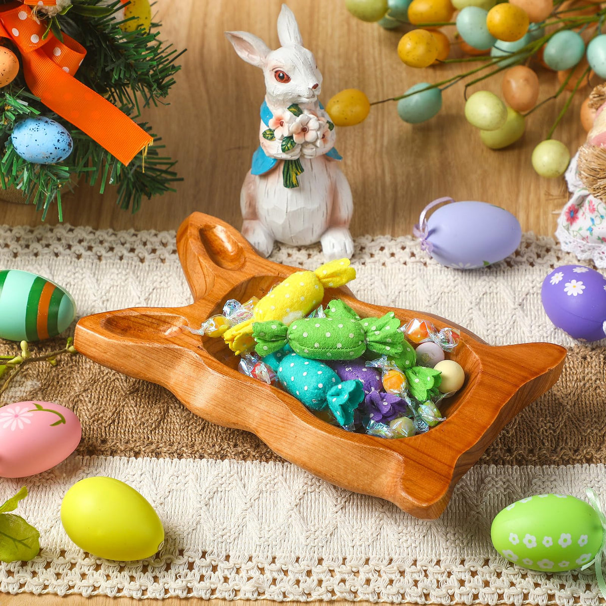 SiliFine Easter Bunny Shaped Dough Bowl Easter Decorative Bunny Bowl Rabbit Shaped Wooden Bowl Farmhouse Rustic Serving Trays Primitive Wood Trencher Tray for Easter Table Centerpiece Home Decor SiliFine