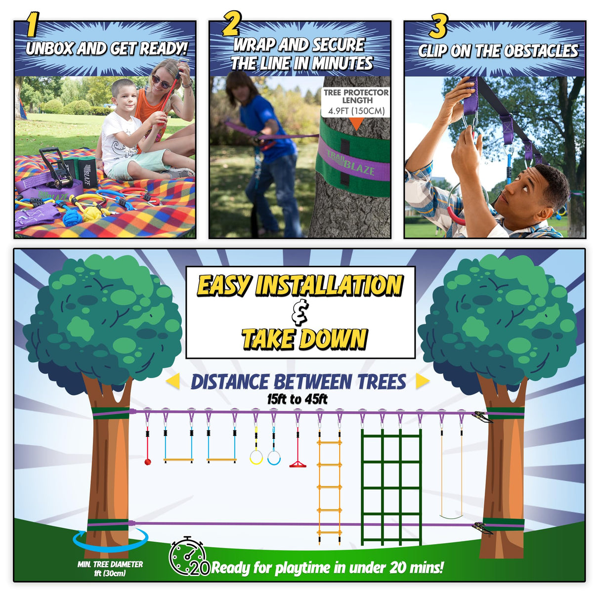 Ninja Warrior Obstacle Course for Kids Workout Equipment, 2 x 55ft Slacklines with 10 Weatherproof & Durable Ninja Kids Toys - Ninja Course for Kids Outside , Kids Obstacle Course Backyard Trailblaze