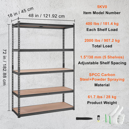 VEVOR Storage Shelving Unit, 5-Tier Adjustable Storage Shelves, 48" L x 24" W x 72" H Heavy Duty Garage Storage Shelves, Metal Shelves for Kitchen Pantry Basement Bathroom Laundry