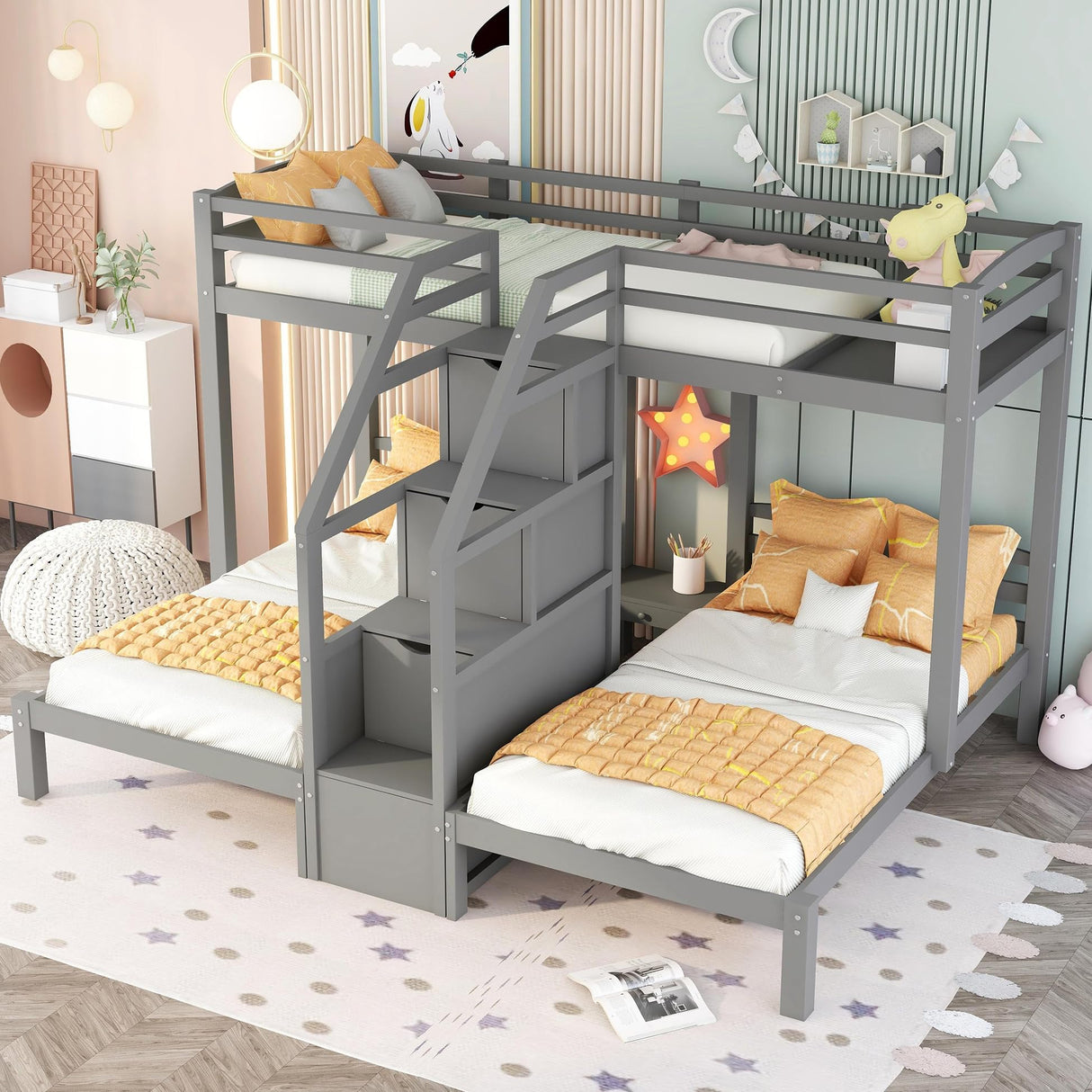 Harper & Bright Designs Triple Bunk Bed with Stairs, Twin Bunk Beds for 3, Wooden Bunk Bed with Built-in Staircase and Little Drawer for Kids Teens Adults, Gray Harper & Bright Designs