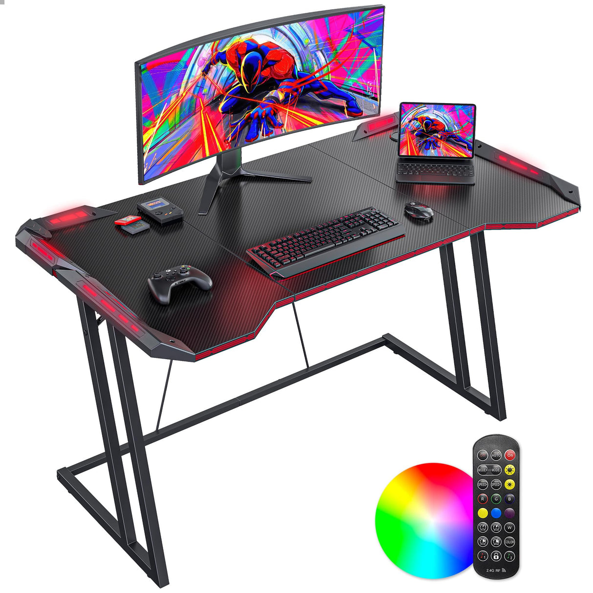 CubiCubi Gaming Desk with LED Lights, 47 Inch Z Shaped Gamer Desk, Home Game Computer Desk with Carbon Fiber Surface, Ergonomic Office PC Workstation with Cable Management, Black CubiCubi
