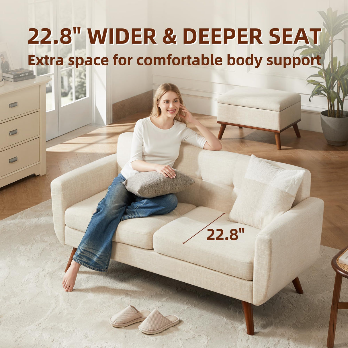 Tbfit 65" W Loveseat Sofa, Mid Century Modern Decor Love Seat Couches for Living Room, Button Tufted Upholstered Small Couch for Bedroom, Solid and Easy to Install Love Seats Furniture, Beige Tbfit