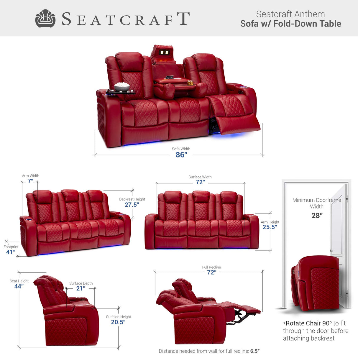 Seatcraft Anthem Home Theater Seating Living Room - Italian Leather - Power Recline Sofa - Fold-Down Table - Powered Headrests - Arm Storage - AC/USB and Wireless Charging - Cup Holders, Red Seatcraft