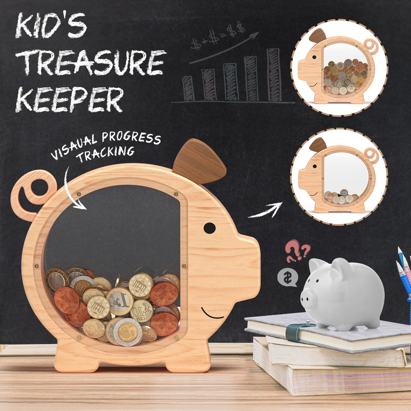 Summidate Custom Wooden Piggy Bank for Kids Boys Girls, Large Unbreakable Bills Coin Money Saving Box, Personalized Children Birthday Gift, Nursery