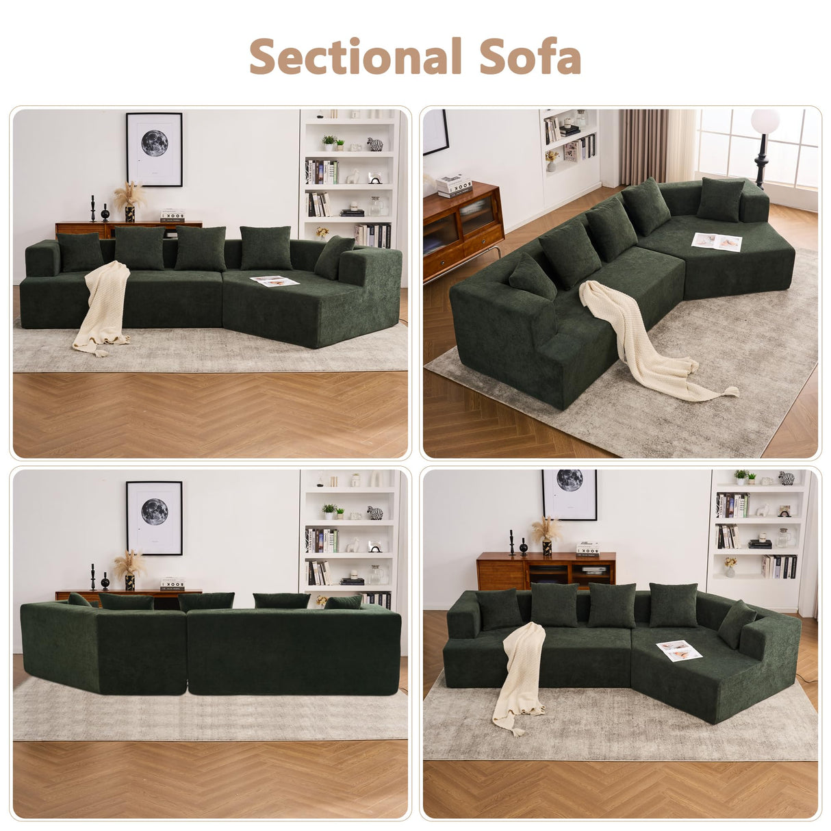 Aoowow 129.5" Modular Sectional Sofa, Modern Minimalist Sofa Comfy Deep Seat L Shaped with 5 Throw Pillows, Memory Foam Couch with Chenille Fabric, 3 Seater Cloud Couch for Living Room, Green Aoowow