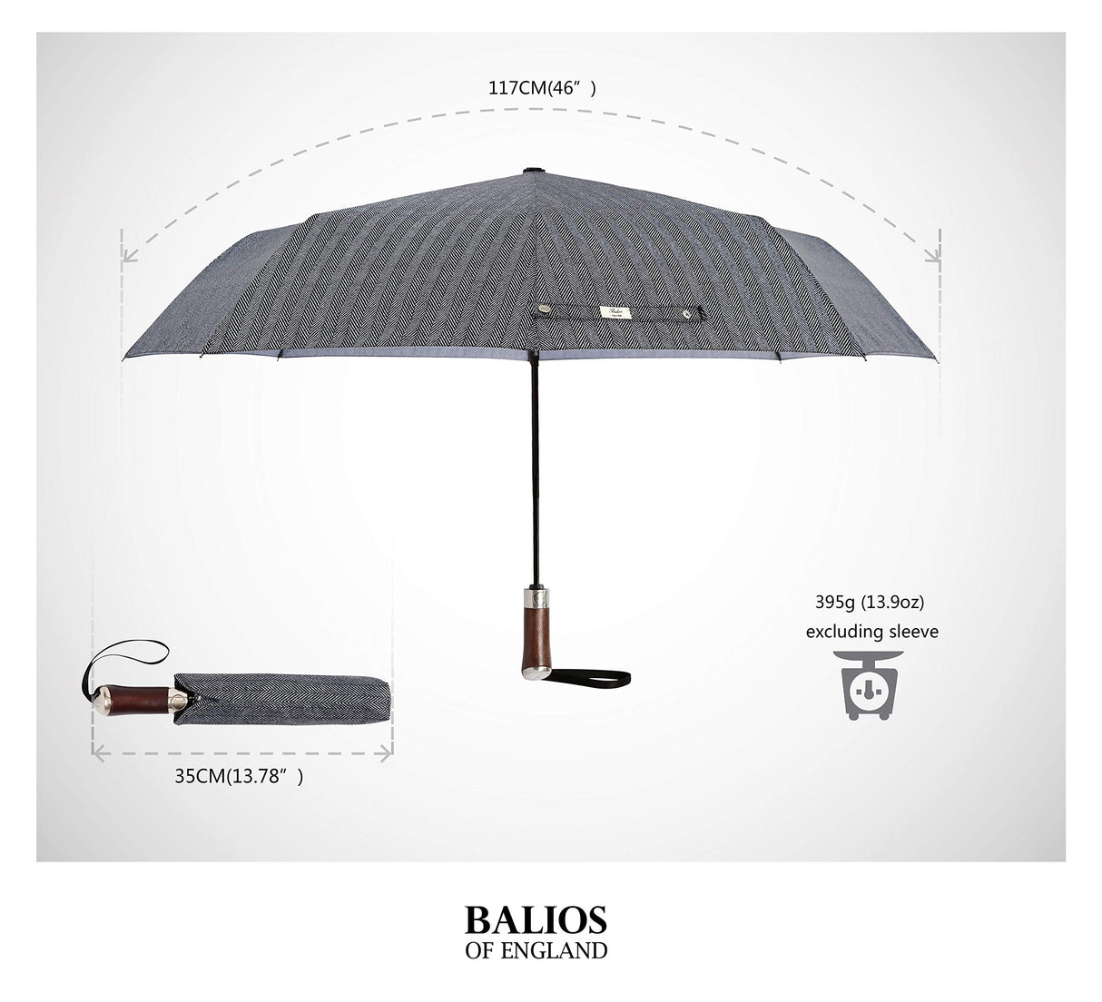 Balios (Designed in UK) Travel Umbrella Luxurious Golden Hardwood Handle Auto Open & Close Windproof Frame Single Canopy Automatic Folding Umbrella Men's & Ladies (Herringbone) Balios