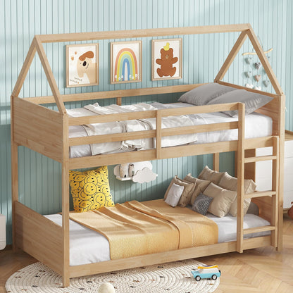 Ziraukon Twin Over Twin Floor Bunk Bed with Ladder and Safety Guardrails, Solid Wooden Loft Bed Frame for Teens and Adults, Easy to Assemble, Saving Space, No Box Spring Needed, White Oak