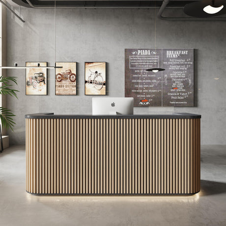 ONNAHOMEStlyle 70.87in Yellow Curved Reception Desk with Lock Drawer File Cabinet,Mid Century Front Desk Reception Room Table with LED Lights, Retail Counter for Checkout, Lobby, Beauty Salon ONNAHOMEStlyle