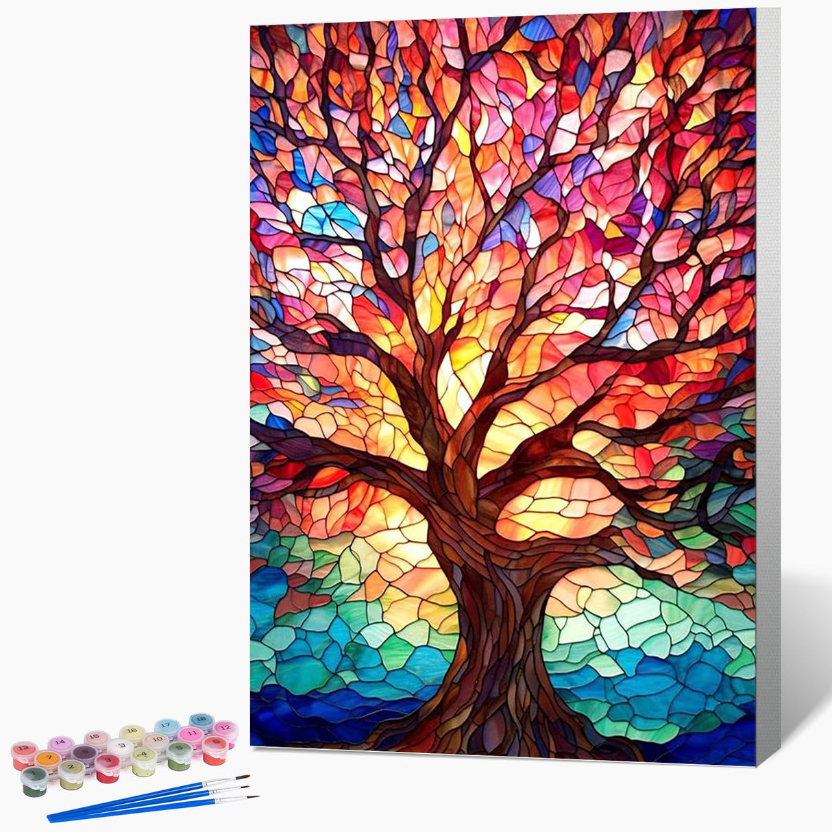 Fountor Framed Paint by Numbers Kit for Adults Beginner & Kids Ages 8-12, Tree of Life Paint by Number with Frame, Easy Acrylic Stained Glass Colorful Tree Painting by Numbers Kit on Canvas 8x12 inch Fountor