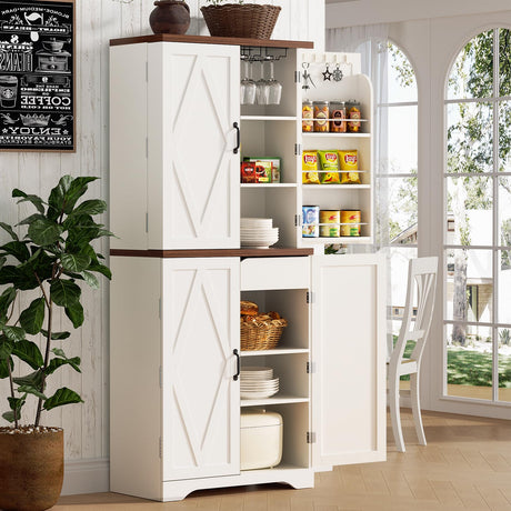 SYESWAY Kitchen Pantry Cabinet, 71”Tall Storage Cabinet with Glasses Rack, 10 Hooks, 6 Door Shelves, Freestanding Cupboard with Barn Doors, Pantry Cabinets for Kitchen, Dining Room, White SYESWAY