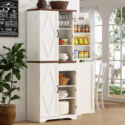 SYESWAY Kitchen Pantry Cabinet, 71”Tall Storage Cabinet with Glasses Rack, 10 Hooks, 6 Door Shelves, Freestanding Cupboard with Barn Doors, Pantry Cabinets for Kitchen, Dining Room, White