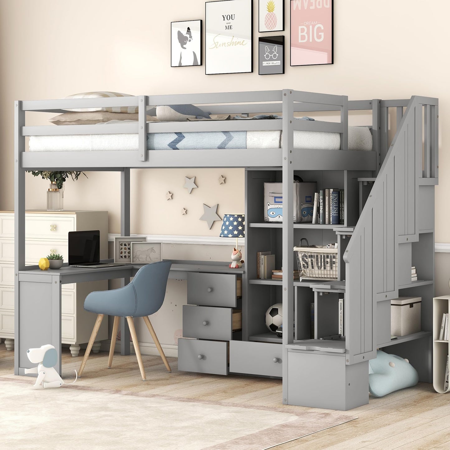 SOFTSEA Twin Size Loft Bed with Desk and Stairs, Solid Wood Loft Bed with Storage Staircase, Multi-Function Loft Bed with Storage Drawers and