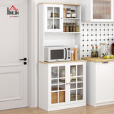 HOMCOM Kitchen Pantry Storage Cabinet, 72" Freestanding Cabinet with Hutch, Large Countertop, Glass Doors and Adjustable Shelves for Dining Room, Pure White HOMCOM
