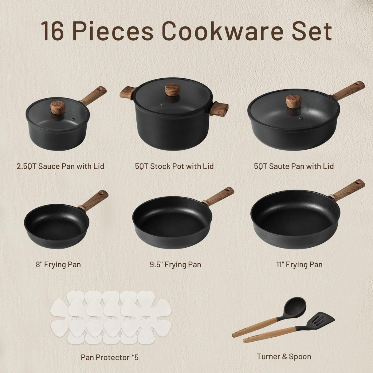 CAROTE Nonstick Pots and Pans,Cookware Set 16pcs Kitchen Cooking Sets, Pot and Pan Non Stick w/Frying pan CAROTE