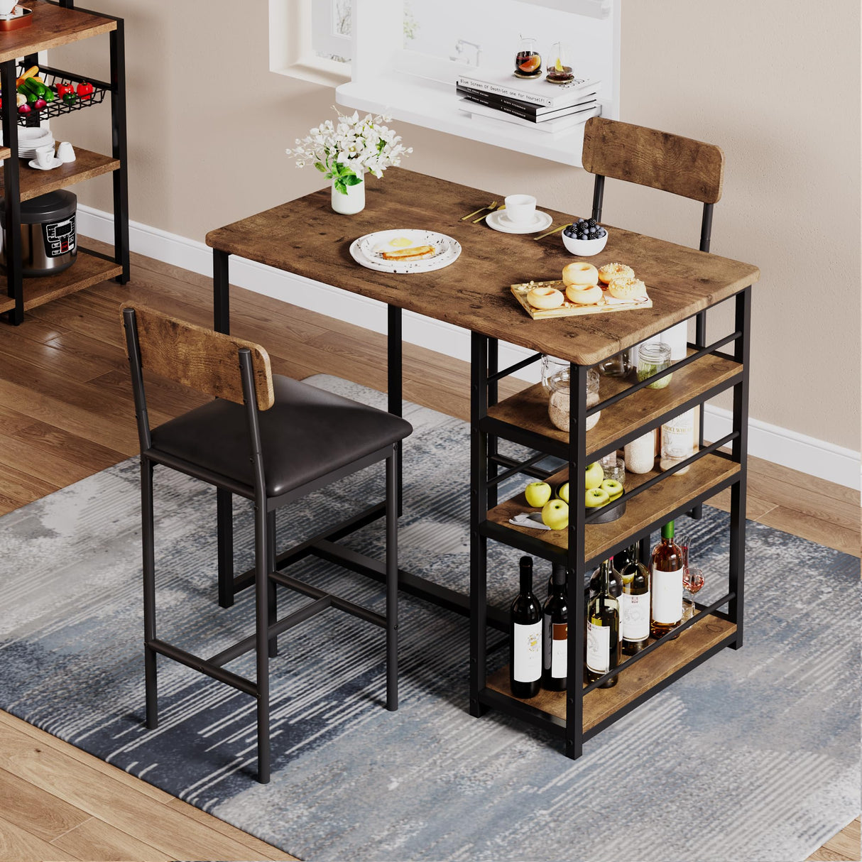 GAOMON Dining Table Set for 2, Kitchen Table and Chairs for 2 with Upholstered Chairs, 3 Piece Counter Height Bar Kitchen Table Set with 3 Storage GAOMON