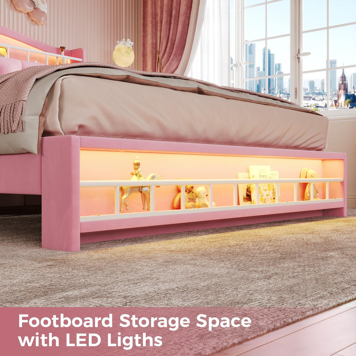 BTHFST Full Szie Girls Bed with LED Lights & Charging Station, Princess Full Size Bed Frame with Hidden Storage Headborad, Sturdy Platform Bed, No Box Spring Needed/Noise-Free/Easy Assembly, Pink BTHFST