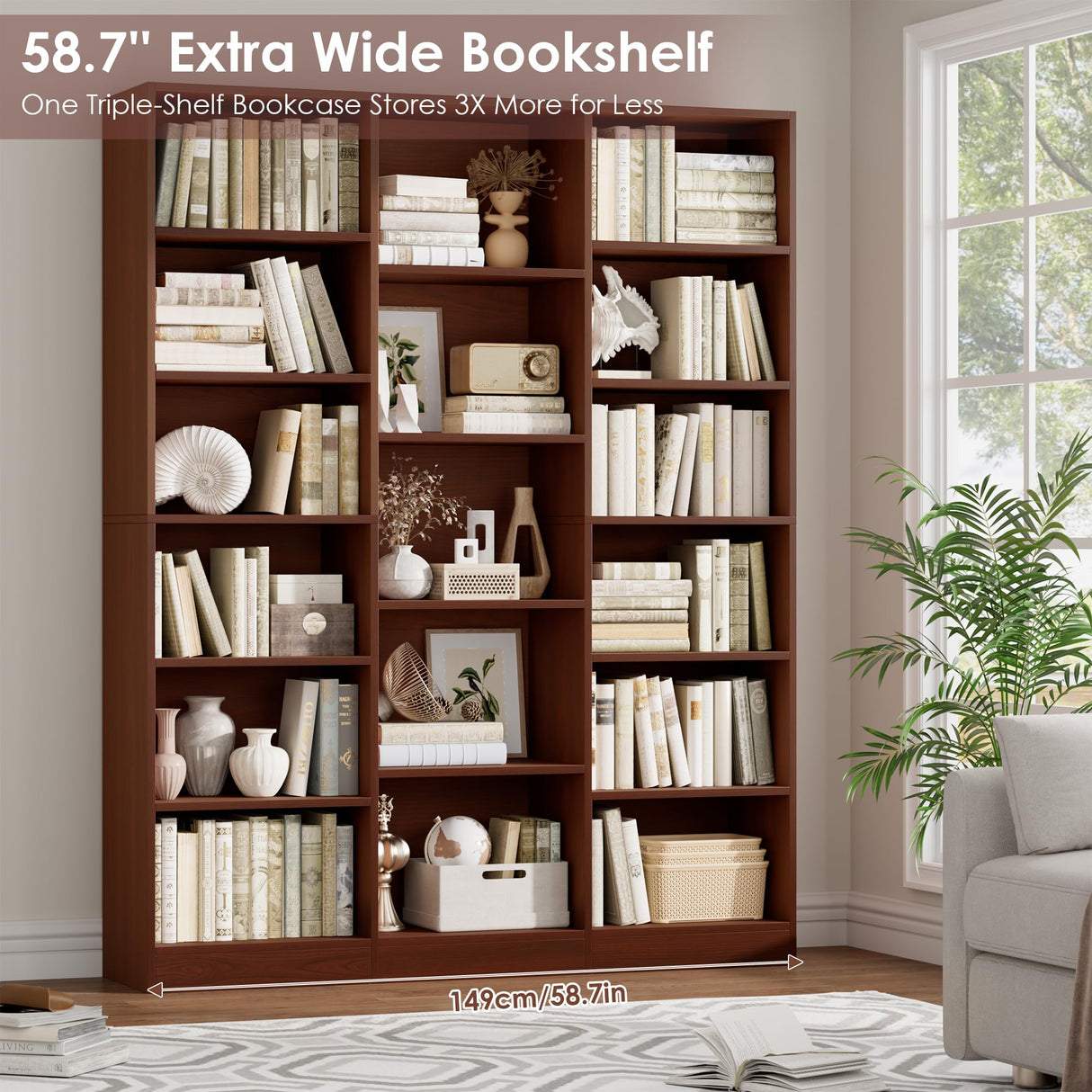 FACBOTALL Triple Wide Bookshelf, 6 Tier Large Bookshelf, Bookcase with 17 Open Display Shelves, 74'' Tall Bookcases and Bookshelves for Living Room, Home Office, Library, Cherry FACBOTALL