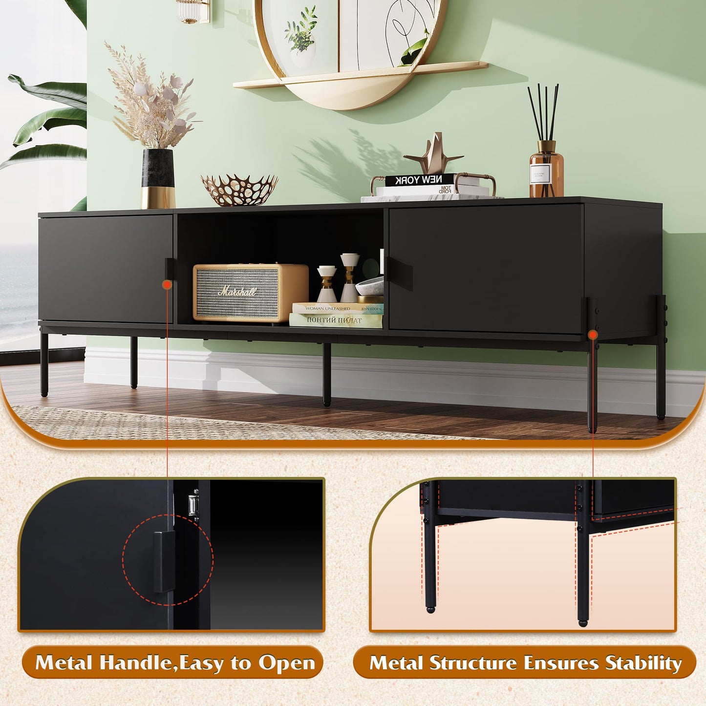 WLIVE Modern TV Stand for 65 Inch TV, Mid Century Entainment Center with Storage, TV Console with Open Shelf and 2 Cabinets for Bedroom and Living Room, TV Cabinet with Metal Legs, Black