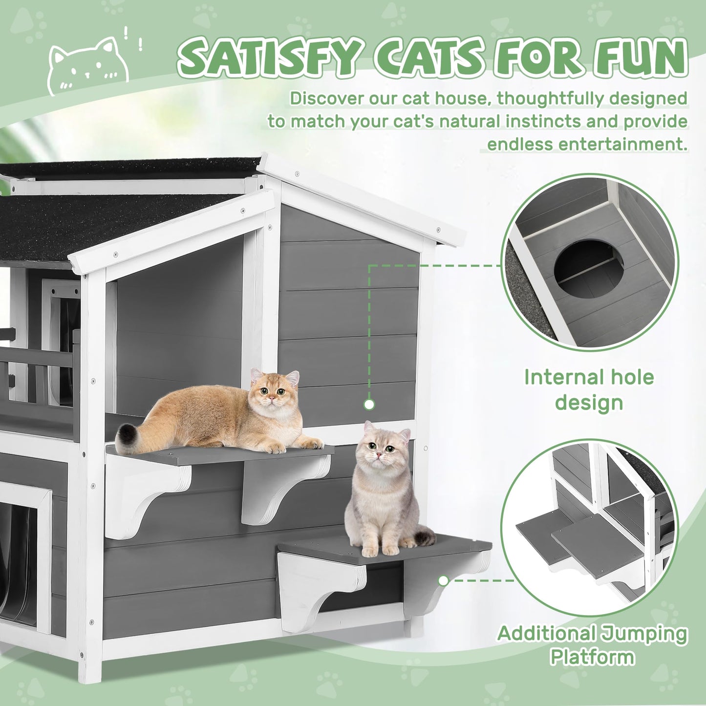 Oakcloud Outdoor Cat House Shelter Weatherproof, 2-Story Feral Cat Patio with Clamshell Asphalt Roof and Door with PVC Curtain, Wooden Cat Condos Provide All-Season Protection