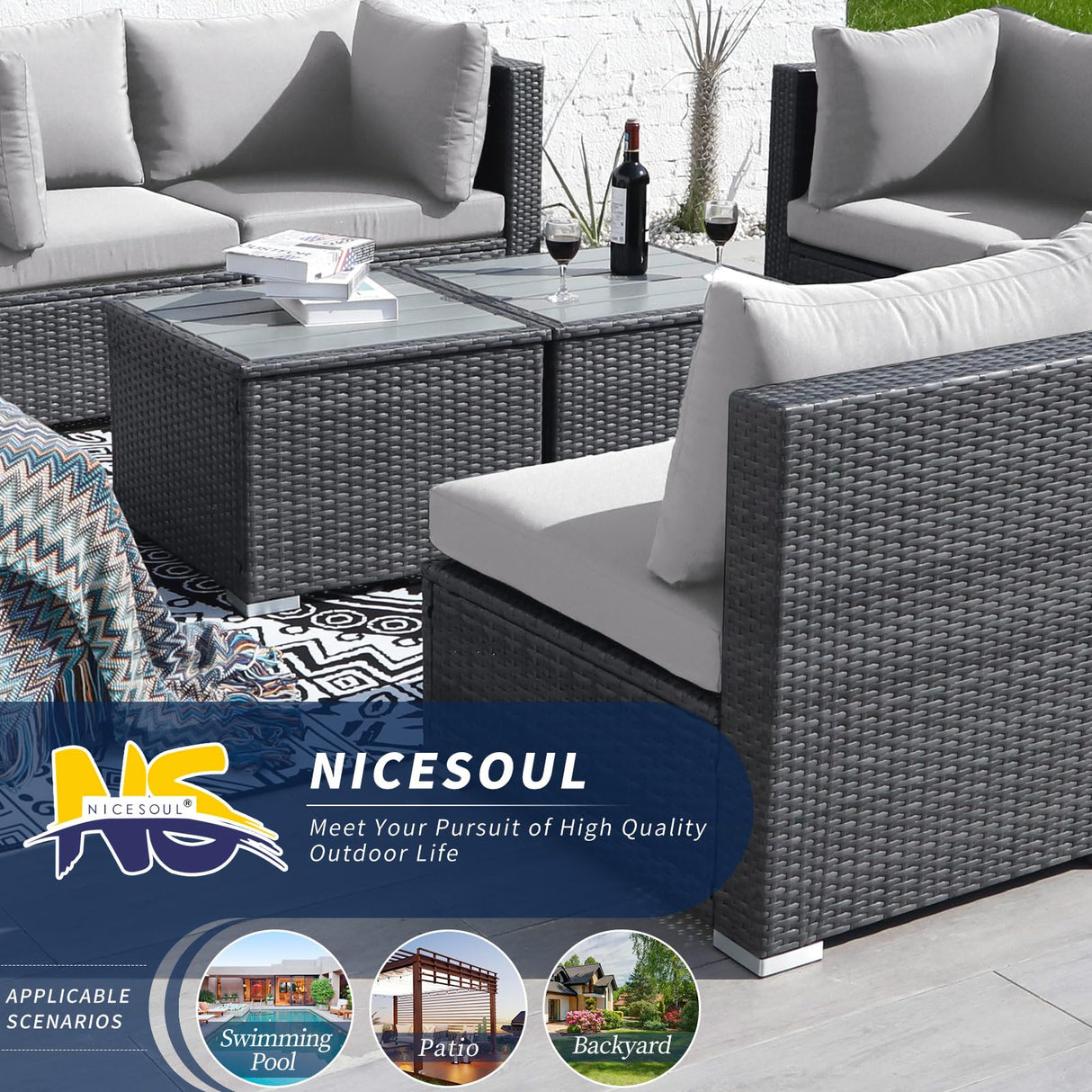 NICESOUL® 10 Pieces Large Size PE Rattan Outdoor Patio Furniture Sectional Sofa Sets with Side Tables Outdoor Wicker Conversation Sets Modern Luxury 29.3'' High Back Gray NICESOUL