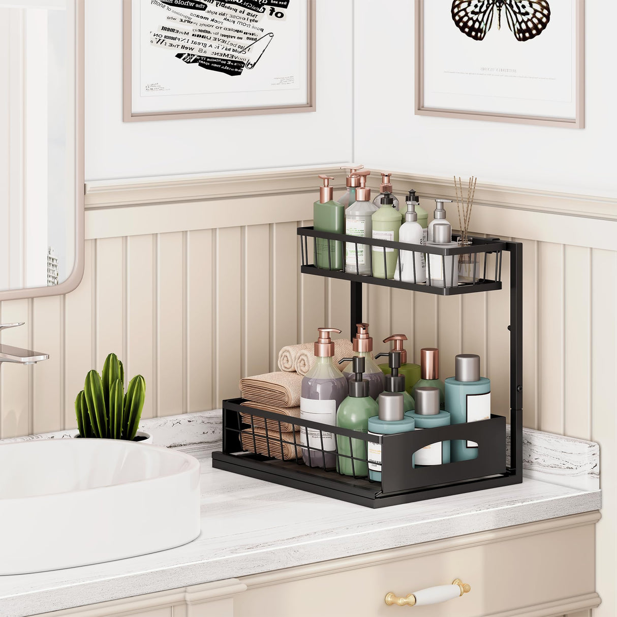 Under Sink Organizer , 2 Pack Height Adjustable Cabinet Organizer with Slide Out Drawer, Pull Out Under Sink Storage, Multi-Purpose 2 Tier Sink Shelves for Kitchen Bathroom Pantry (Black, 2 Pack) Fabutier