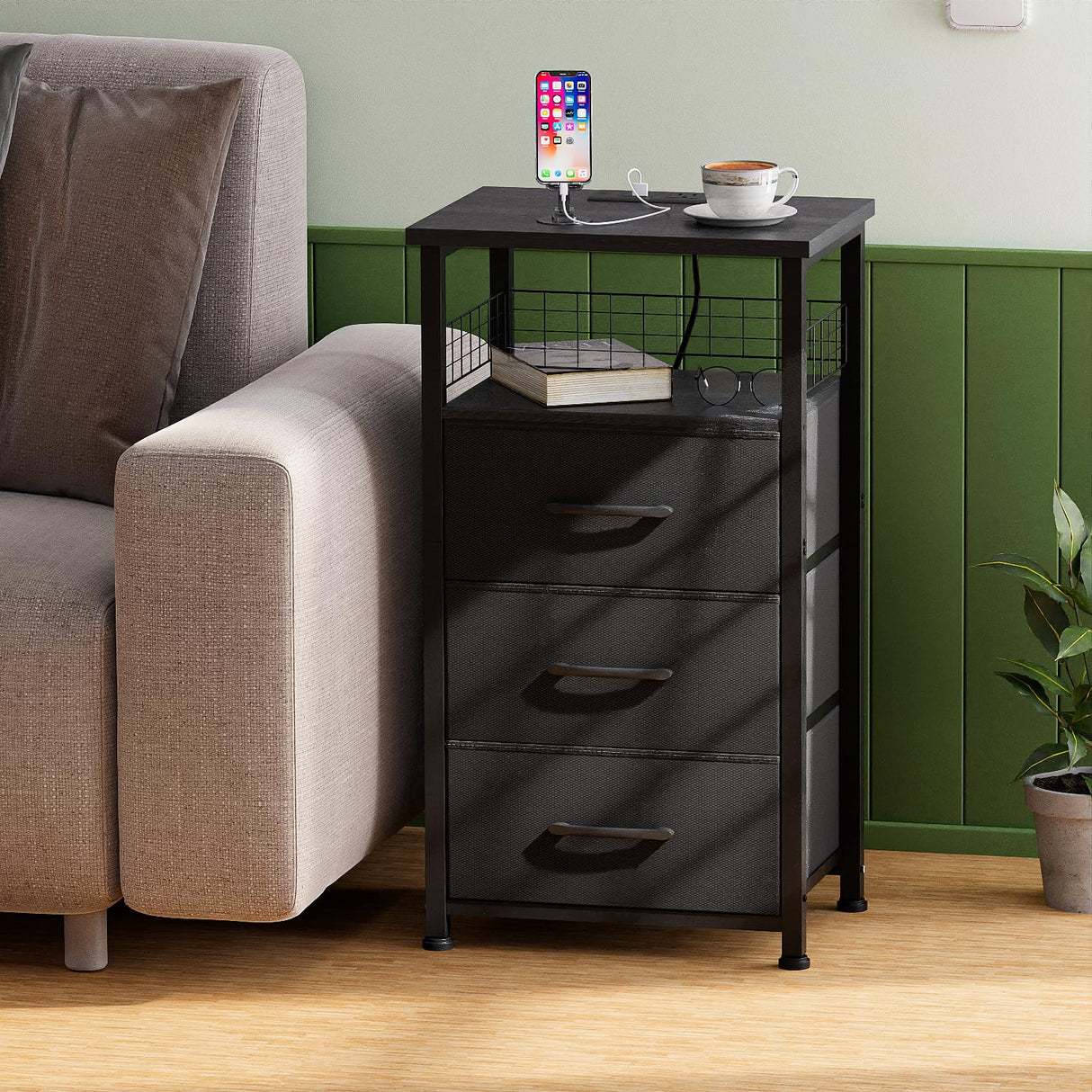 LAKEMID Night Stand Set 2 with Charging Station, End Table Set of 2 with 20 Colors LED Light Strip 3 Drawers, Side Tables Bedroom with USB Ports and Outlets for Living Room, Office (Black) LAKEMID