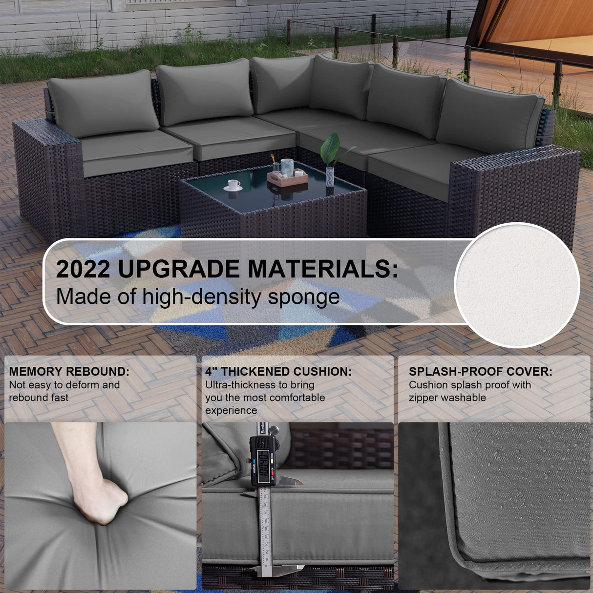 Kullavik Outdoor Patio Furniture Set 6 Pieces Sectional Rattan Sofa Set Brown PE Rattan Wicker Patio Conversation Set with 5 Grey Seat Cushions and 1 Tempered Glass Table Kullavik