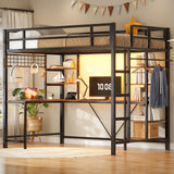VIAGDO Loft Bed with Desk with Charging Station & LED Lights, Loft Bed Twin Size with Storage Shelves,Clothing Rail, Metal Twin Loft Bed with Safety Guard & Ladder, No Box Spring Needed (Black) VIAGDO