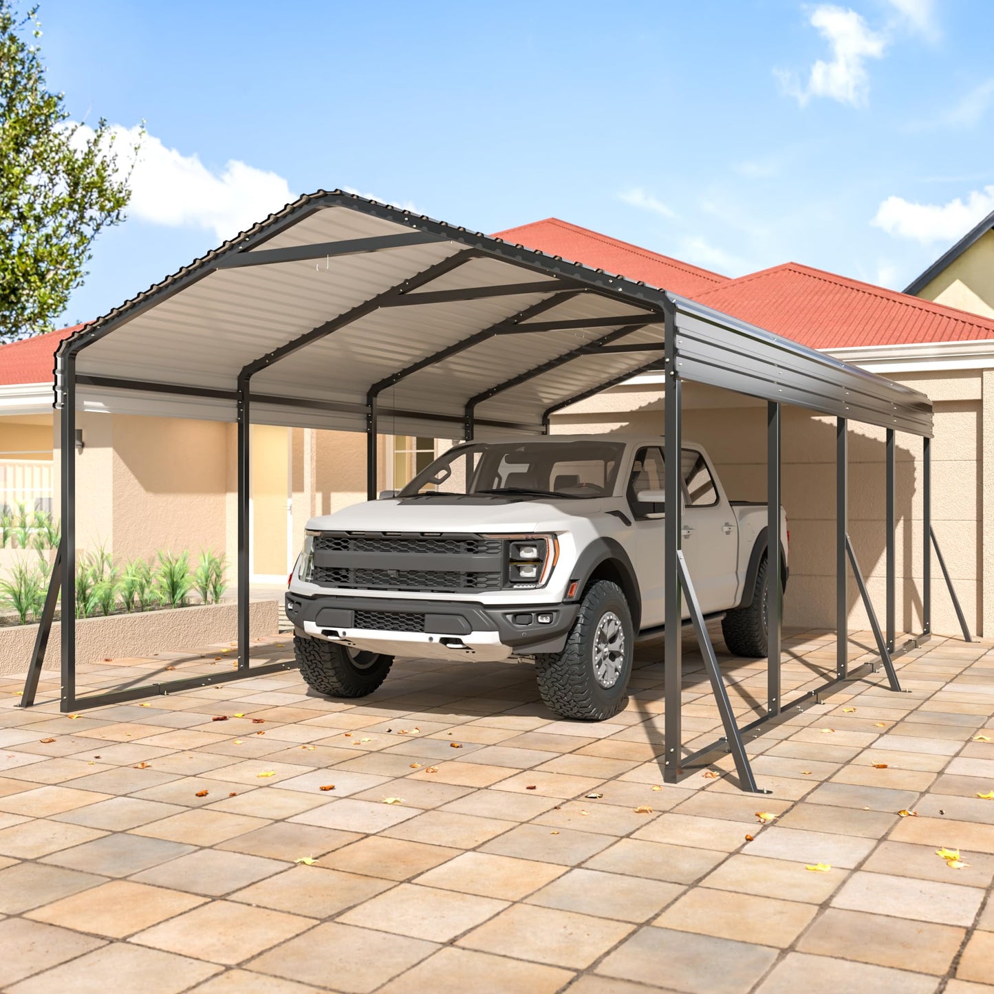 AIRWIRE Carport 12x20 FT Metal Carport with Reinforced Base Outdoor Heavy Duty Garage Galvanized Car Shelter for Pickup, Boat, Car and Tractors - WoodArtSupply