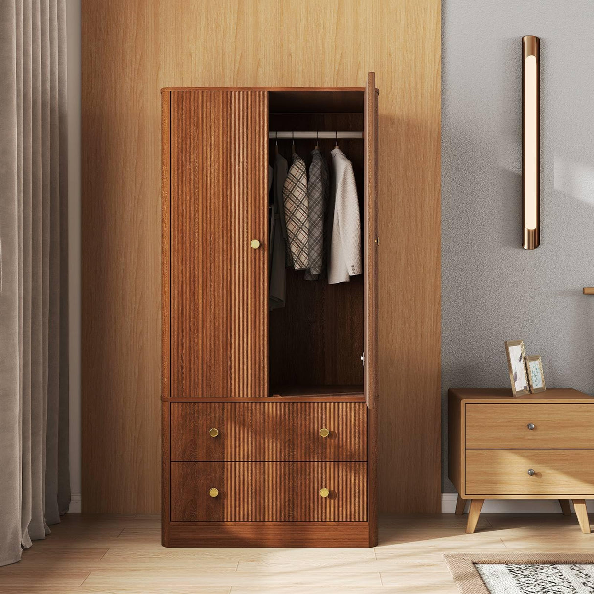 AraSyleon Wooden Wardrobe, Bedroom Armoire Closet with Drawers and Hanging Rod, Modern Fluted Gold Metal Handles, Large-Capacity Clothing Storage Cabinet, 66 inches Tall, Walnut AraSyleon