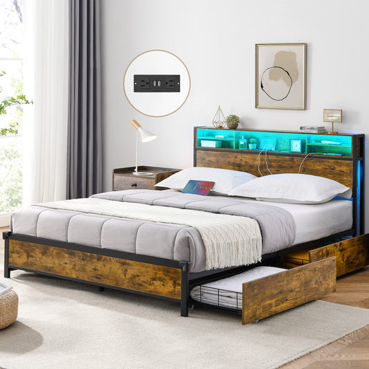 Alohappy King Size LED Bed Frame with Bookcase Headboard and 4 Storage Drawers in Vintage Brown - WoodArtSupply