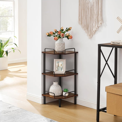 Tajsoon 3-Tier Industrial Corner Shelf Stand in Rustic Brown - Versatile Display Unit for Any Room - WoodArtSupply