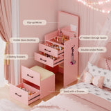Gurexl 3 in 1 Pink Vanity Desk with Plip Top Mirror,Small Make Up Vanity Set with Visible Glass Desktop,Compact Makeup Vanity with 3 Drawers,Cushioned Tool,Dressing Table for Bedroom Gurexl