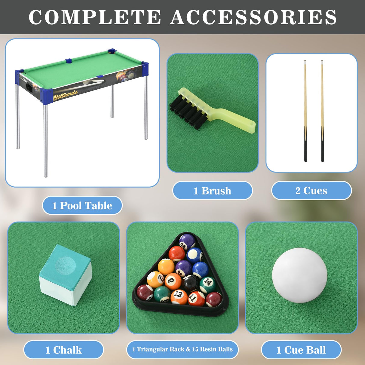 RAYKEEP 32” Mini Pool table, Removable Portable Billiards Table for Kids Adults, Compact and Space Saving Pool Table with 2 Cues, 16 Balls, Triangle, Chalk, Brush for Family Indoor Game(Green RAYKEEP