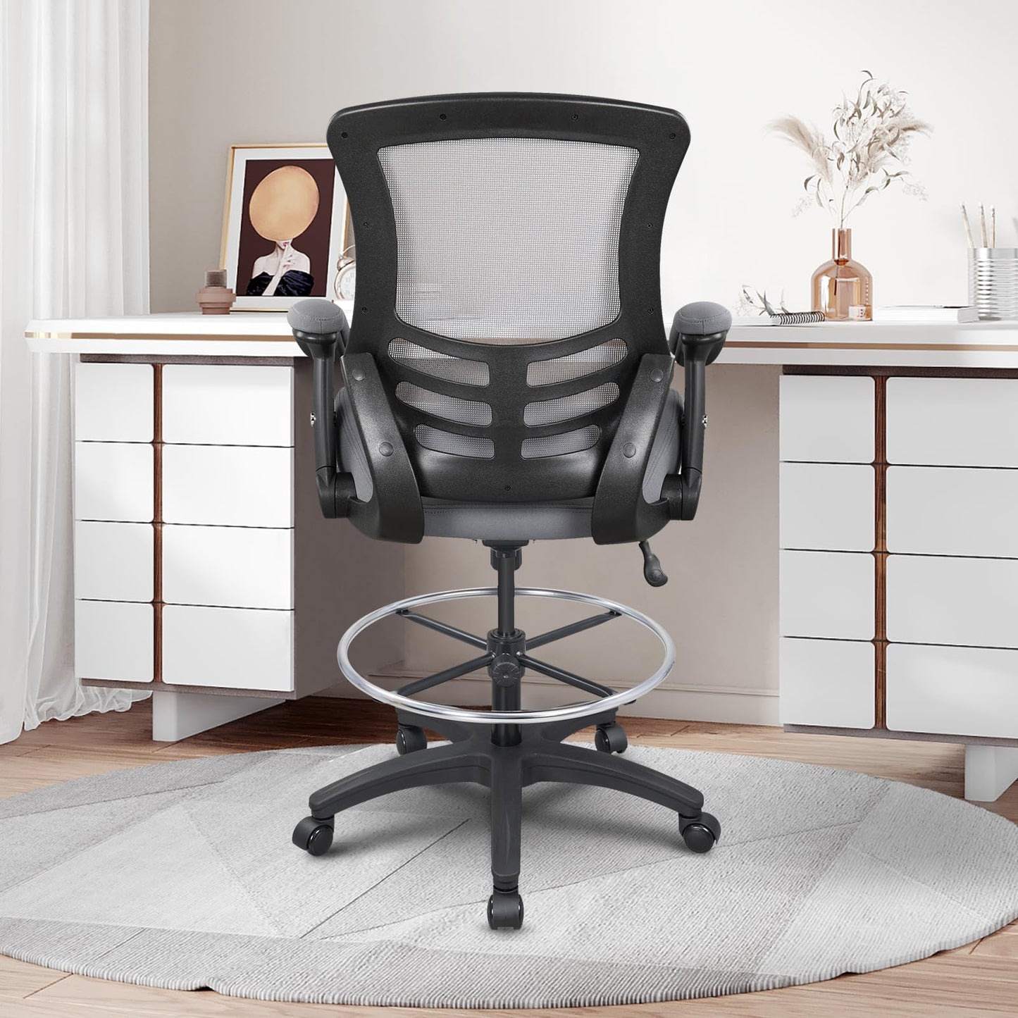 BOLISS Ergonomic Mesh Computer Office Drafting Chair with Super Soft Adjustable Arms Molded Foam Seat Cushion and Lumbar Support -Grey