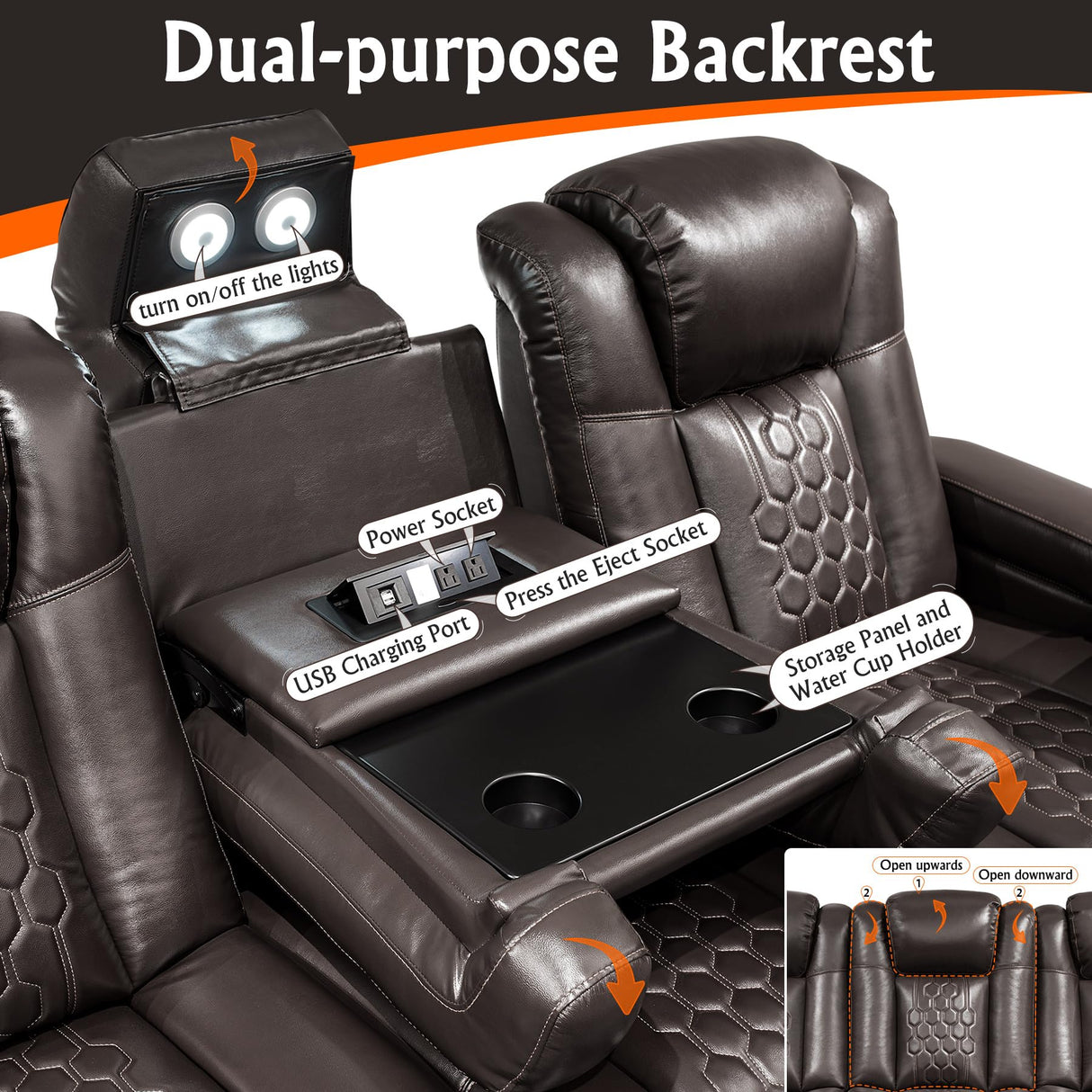 NMXUXMN Home Theater Seating,Top-Grain Leather Recliner Sofa, Zero Gravity Power Reclining Couch with Ambient LED Lights, Cup Holders & USB, Tray Table-Row of 3 with Drop Table Black NMXUXMN