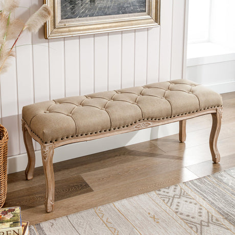 Cozyman Bedroom Bench, French Vintage Tufted Entryway Bench, 45.2" Carving Upholstered End of Bed Bench with Distressed Wood Legs, Linen Ottoman Seat for Living Room, Foyer, Dining Room, Wheat Cozyman