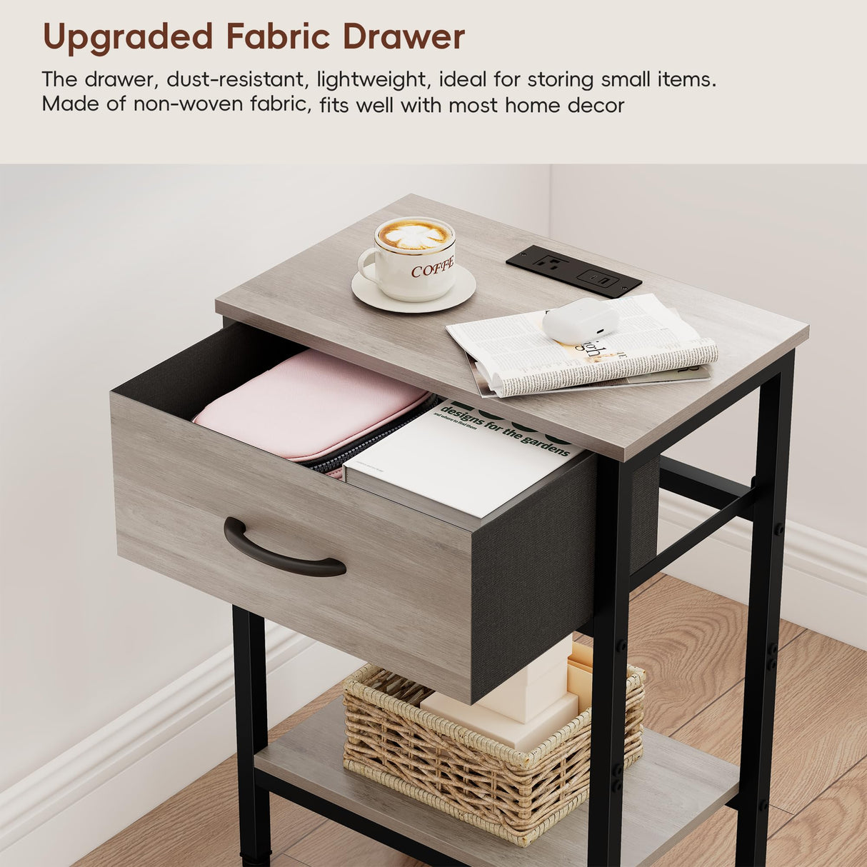 Vagusicc Nightstand Set of 2 with Charging Station, Bed Side Table with Fabric Drawer, Small End Table with 2-Tier Storage Shelves, 25.4" Tall Night Stand Bedside Table for Bedroom Living Room, Greige Vagusicc