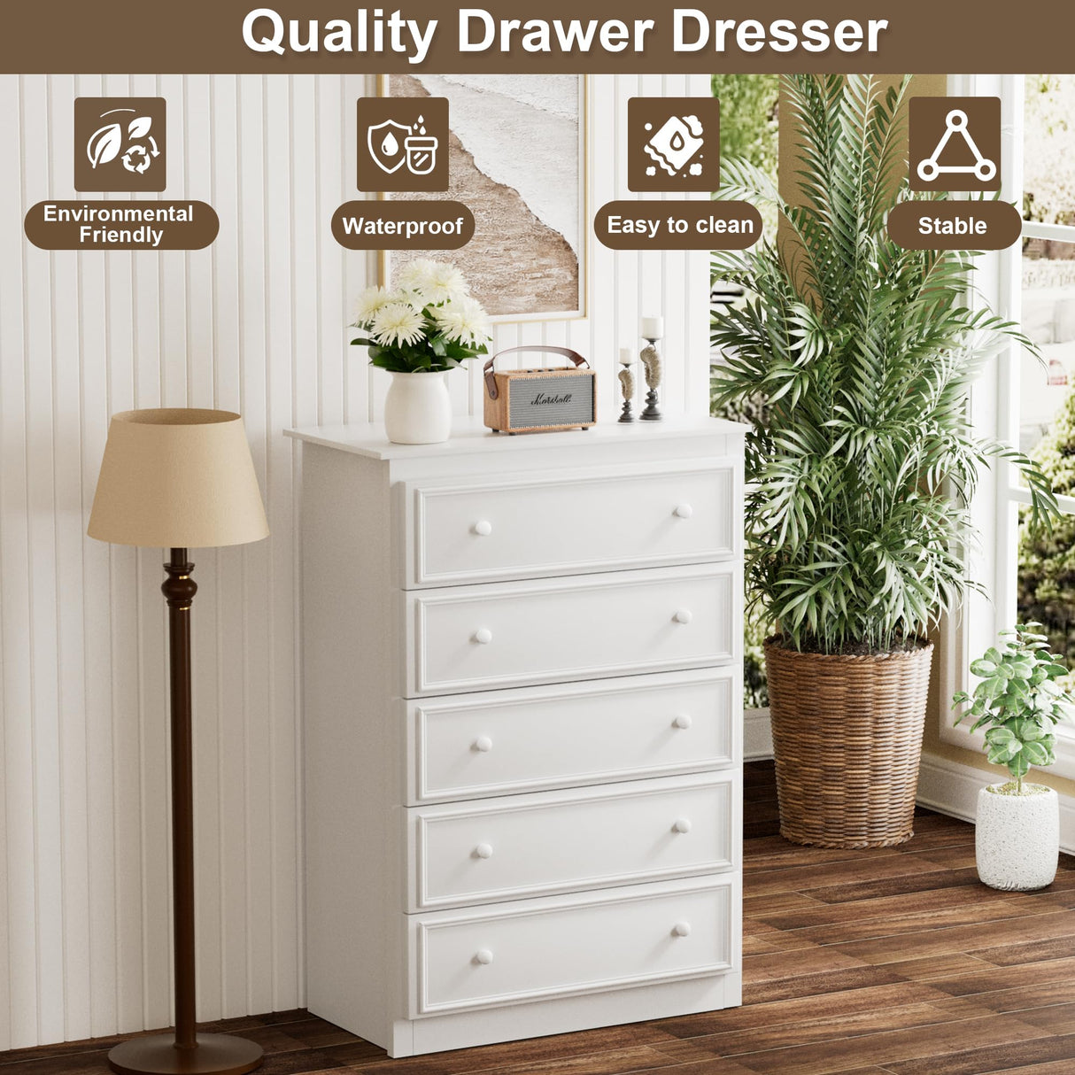 KSOBEBVT 5 Drawer Dresser, Tall Wooden Chest of Drawers for Bedroom, Closet Storage Cabinet and Organizer Drawers for Living Room Hallway Entryway, 15.7" D x 31.5" W x 45.7" H (White) KSOBEBVT