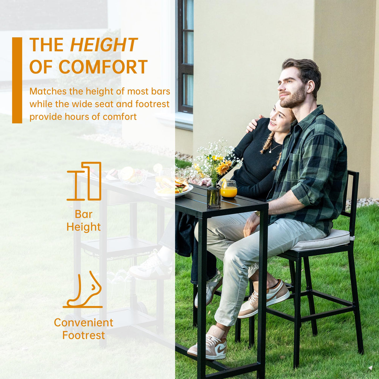 PIZZELLO 6 Piece Outdoor Patio Bar Set, 2 PCS 47" Rectangular Counter Height High Top Bar Tables with Wheels, 4 Cushioned Bar Stools, Metal Bar Table and Chairs Set for Balcony, Backyard, Porch PIZZELLO