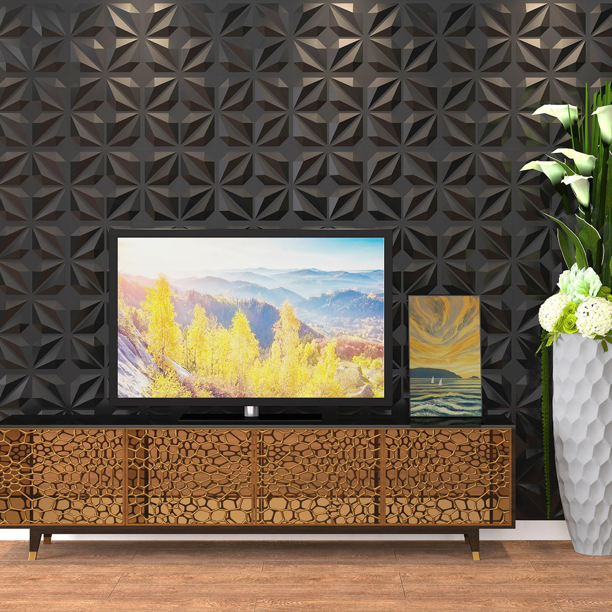 MIX3D 20 Pack Textured 3D Wall Panels for Interior Wall Decor, PVC Decorative Wall Panels for Living Room Bedroom Hotel Office, Black 12''x12'' Cover 19.4 Sq. Ft MIX3D