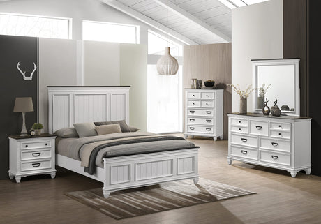 Roundhill Furniture Clelane Wood Bedroom Set with Shiplap Panel Bed, Dresser, Mirror, Nightstand, and Chest, Queen, Weathered White and Walnut Roundhill Furniture