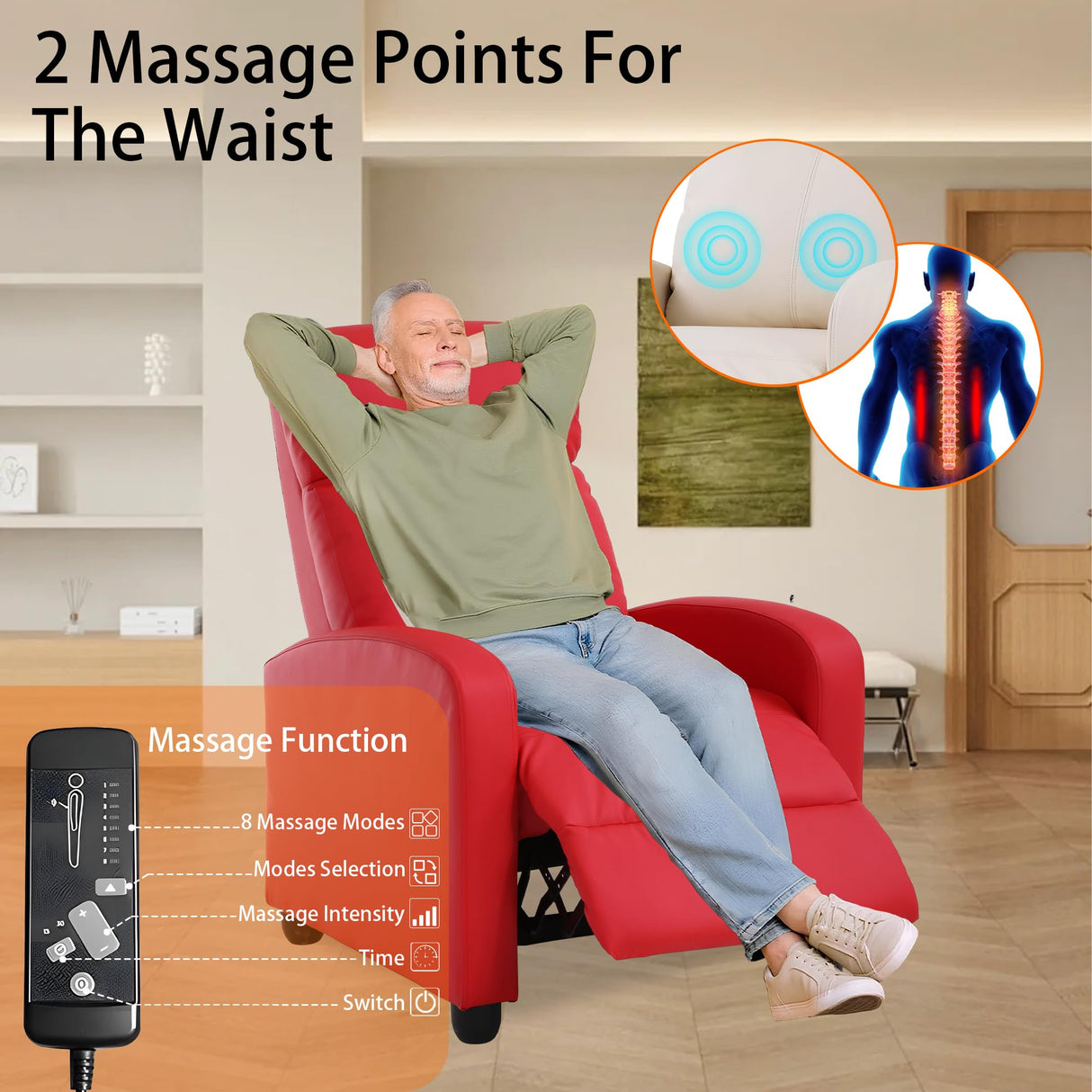 MKDLUFEI Adult Recliner Chair PU Leather Massage Recliner Sofa with Lumbar Support, Push Back, Armrests, Footrest, Adjustable Home Theater Seating for Living Room Home Theater (Black) (Red) MKDLUFEI