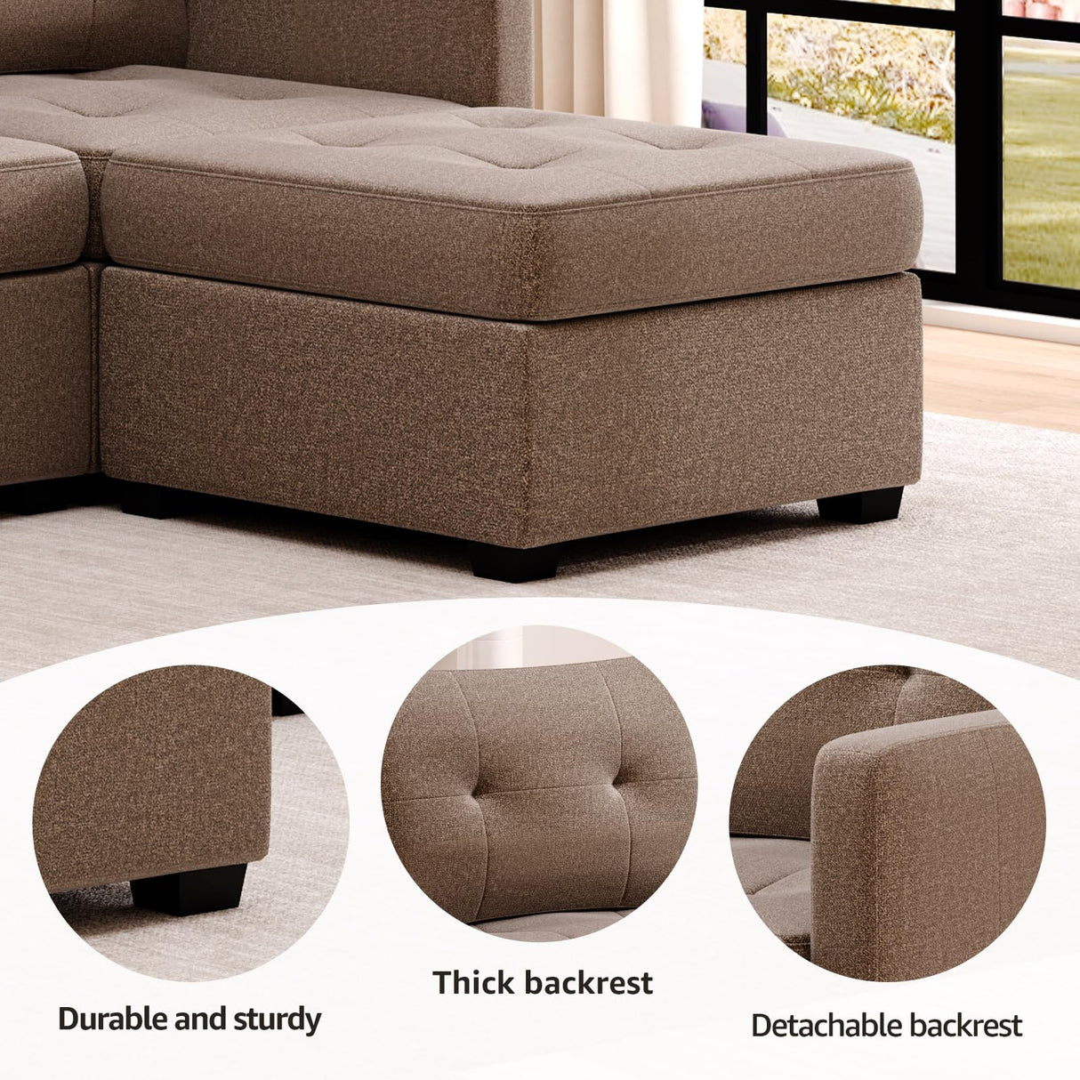 Wimarsbon Modular Sectional Fabric Sofa Set U Shaped Couch Reversible Chaise Modular Sectional Couch with Storage Ottoman, U Shaped Comfy Modular Sofa for Living Rome & Lounge (Brown) Wimarsbon